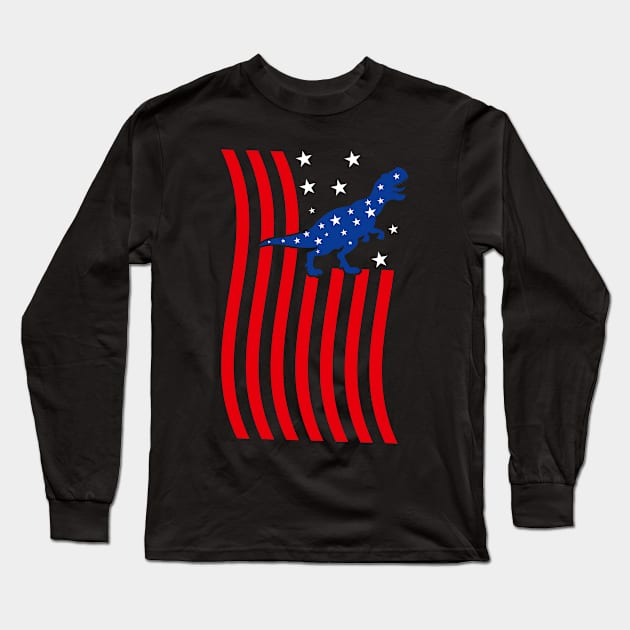 Patriotic Dinosaur Silhouette with American Flag, Creative depiction of a dinosaur silhouette filled with the American flag stars and stripes Long Sleeve T-Shirt by All About Midnight Co